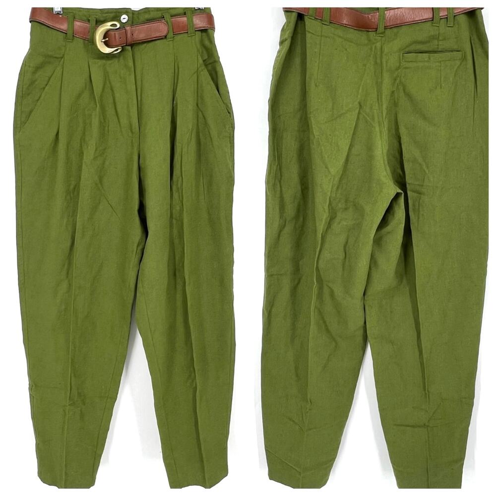 Hunters Run Vintage Womens Olive Green Linen Trousers Pants with Belt Size 14